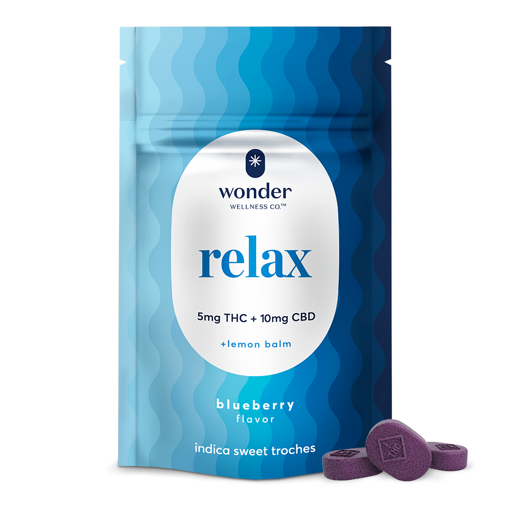 Photograph of product: 20ct/5mg Relax Sweet Troches [1:2 TH-oui:CBD] (Blueberry)