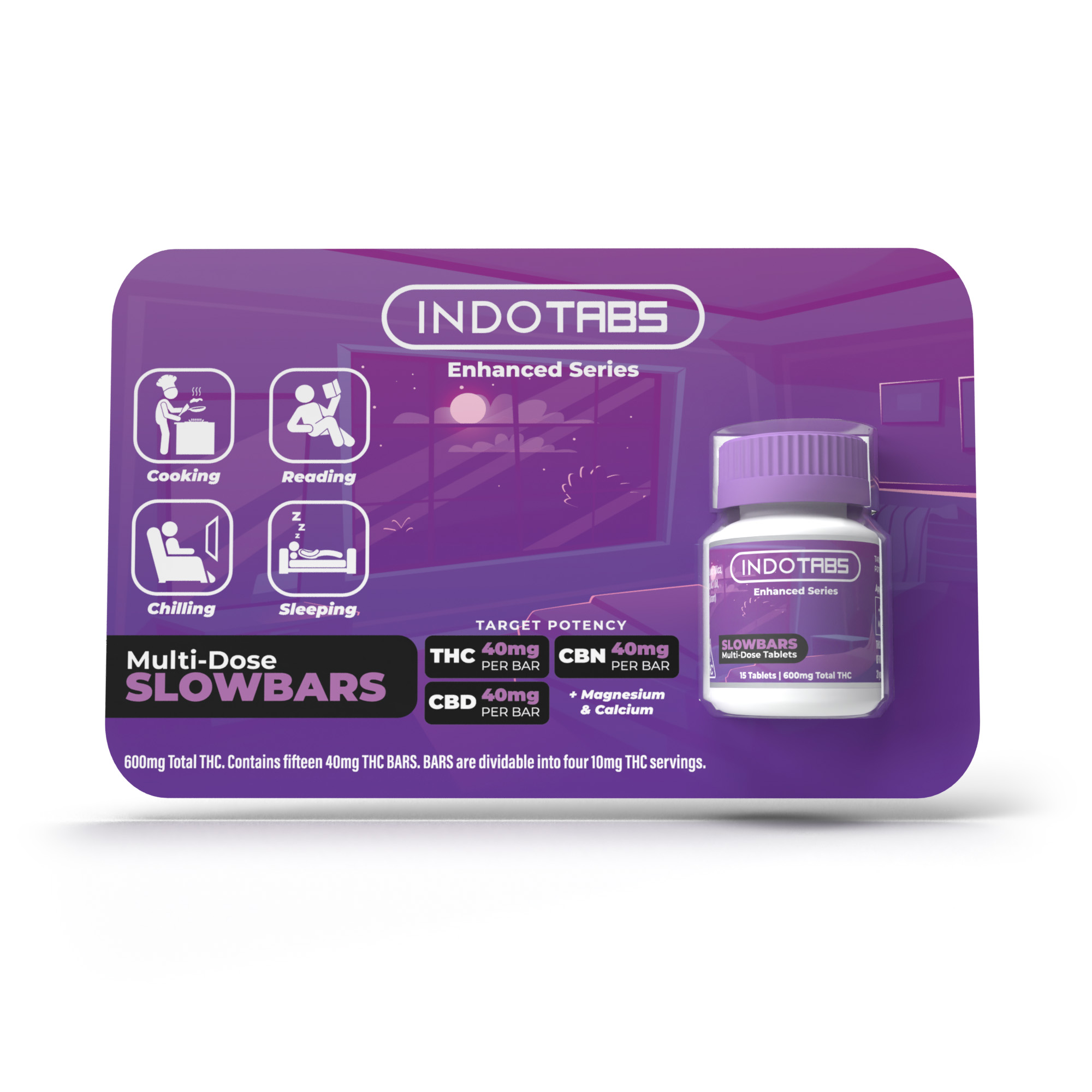 Photograph of product: INDOTABS SLOWBARS 1:1:1 TH-oui:CBD:CBN Tablets 40mg 15pk