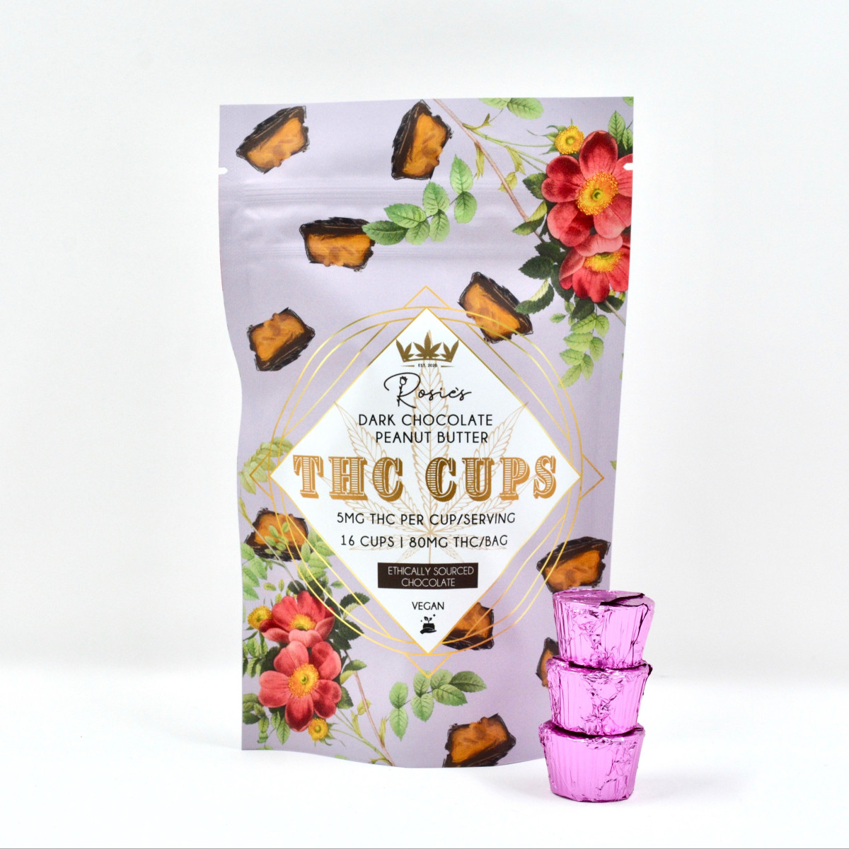 Photograph of product: Rosie's - 5mg TH-oui Cups 16pk - Dark Chocolate Peanut Butter