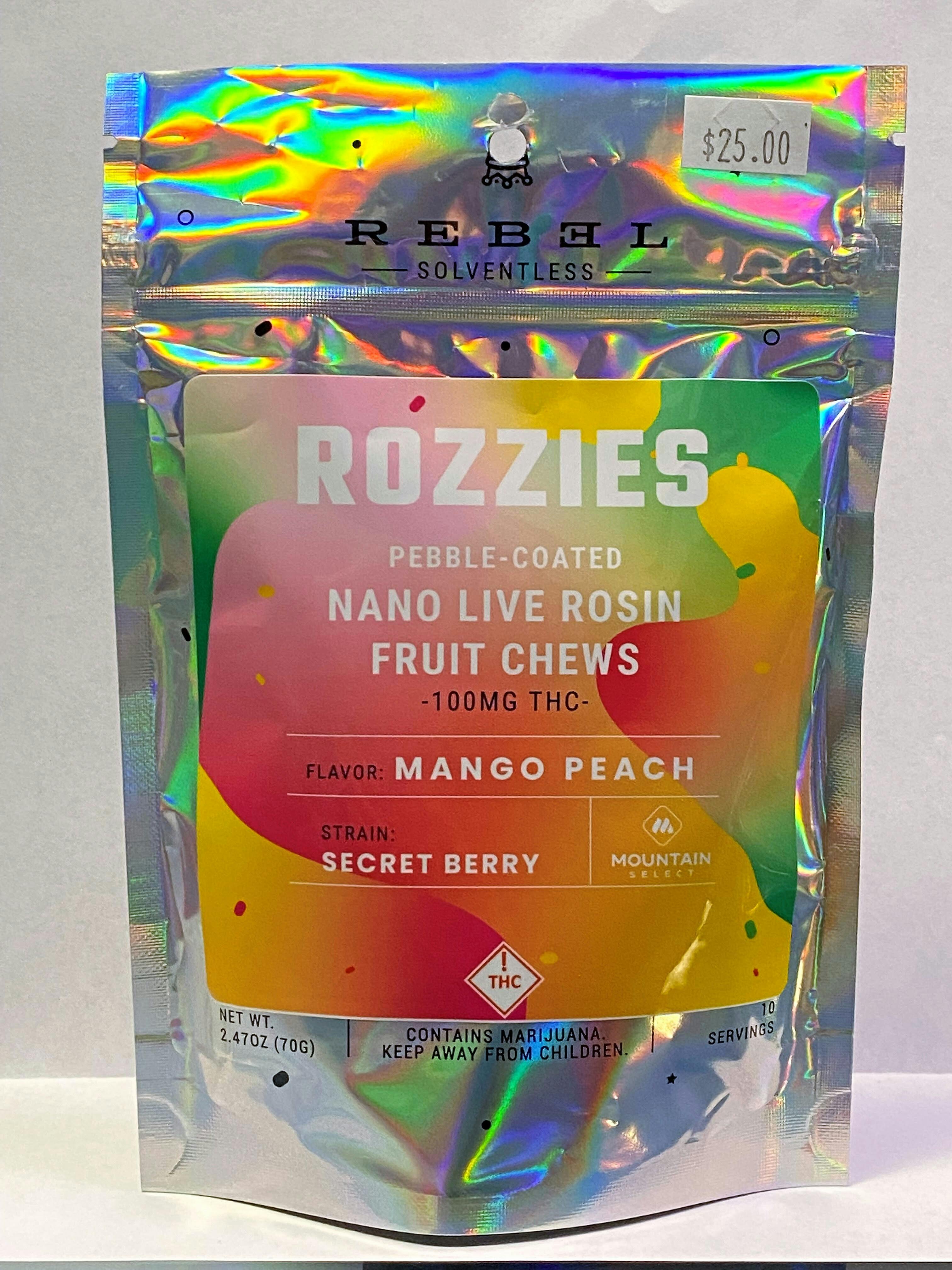 Photograph of product: Rozzies Live Rosin Fruit Chews 100mg - Mango Peach