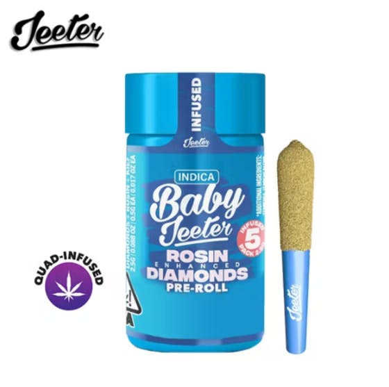 Photograph of instaPanelPhoto: Baby Infused Jeeter - Blue ZKZ - Rosin Enhanced Diamonds Pre-Rolls - (5 Pack) - 2.5g - 