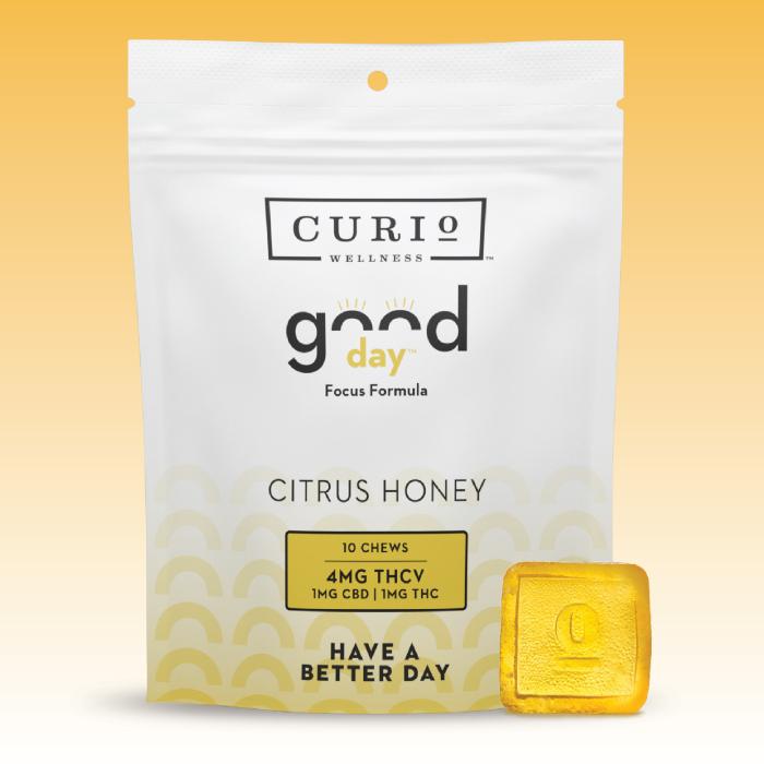Photograph of product: CURIO - CHEWS - 10MG TH-oui / 10MG CBD / 40MG TH-ouiV - 10PK - GOOD DAY - CITRUS HONEY