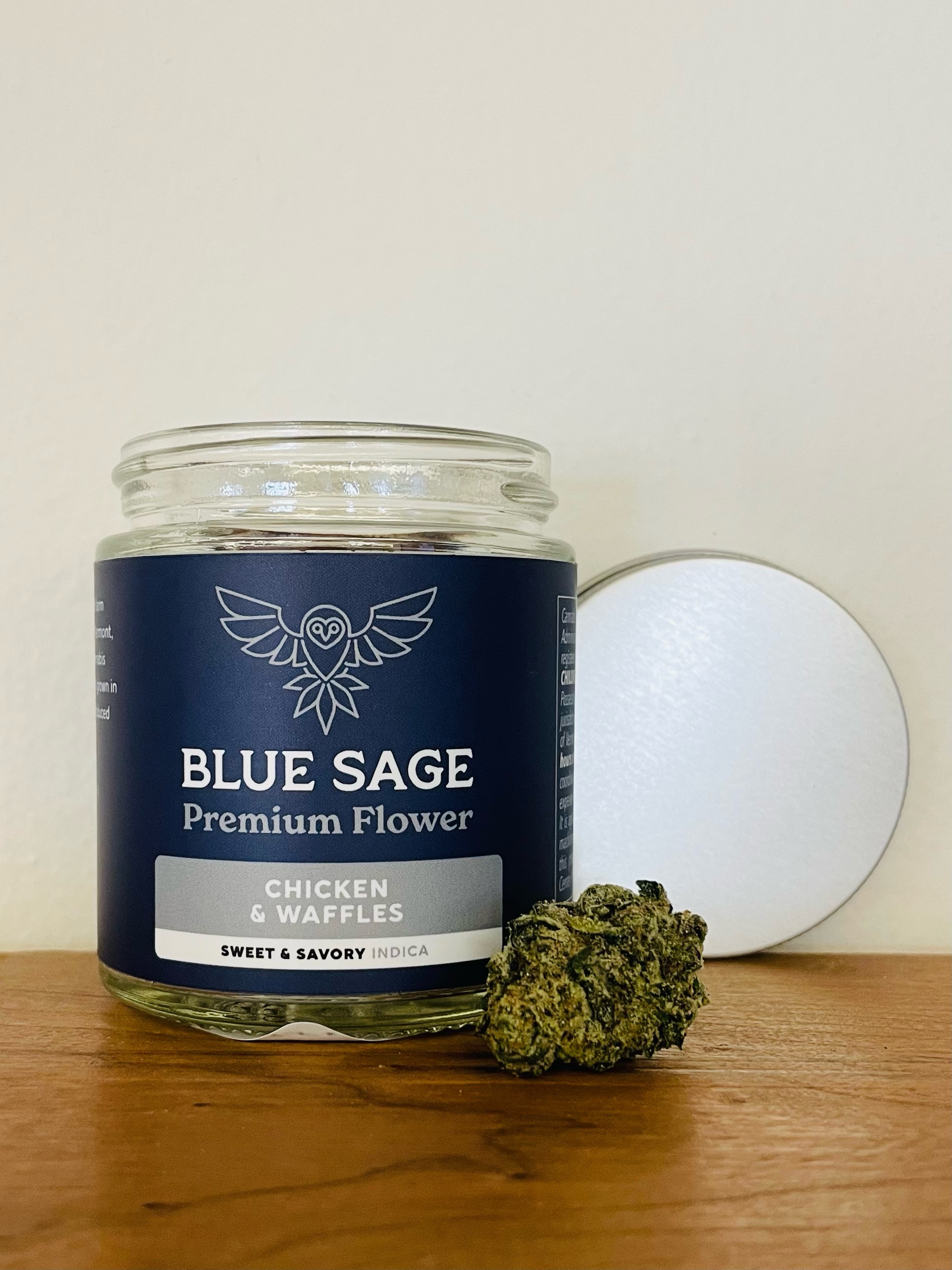 Photograph of product: Blue Sage | Chicken and Waffles | Flower | 3.5g | 23.79% TH-oui