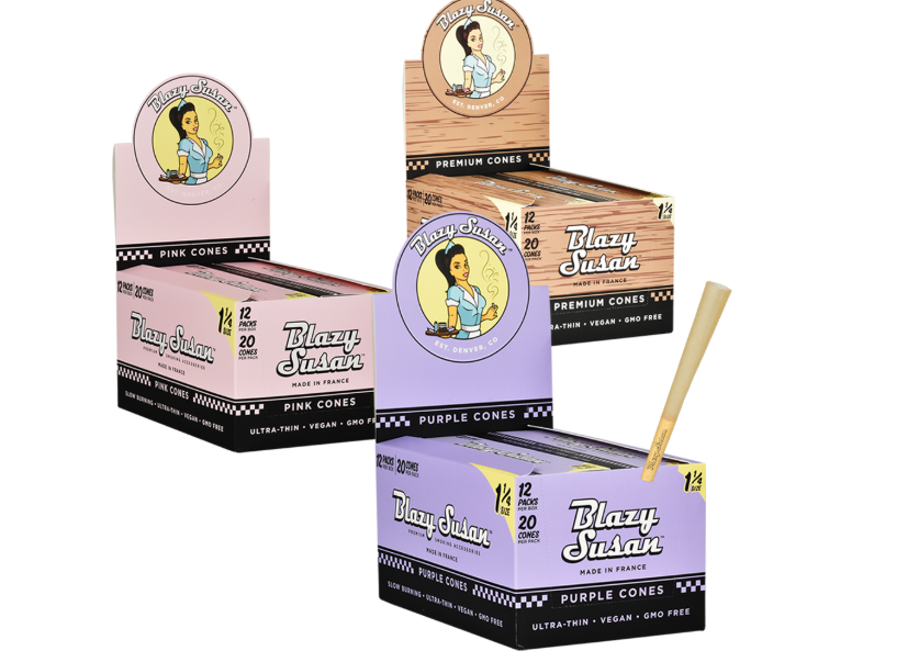 Photograph of product: Blazy Susan Pre-Rolled Cones | 1 1/4 | 20pc Slide Box |
