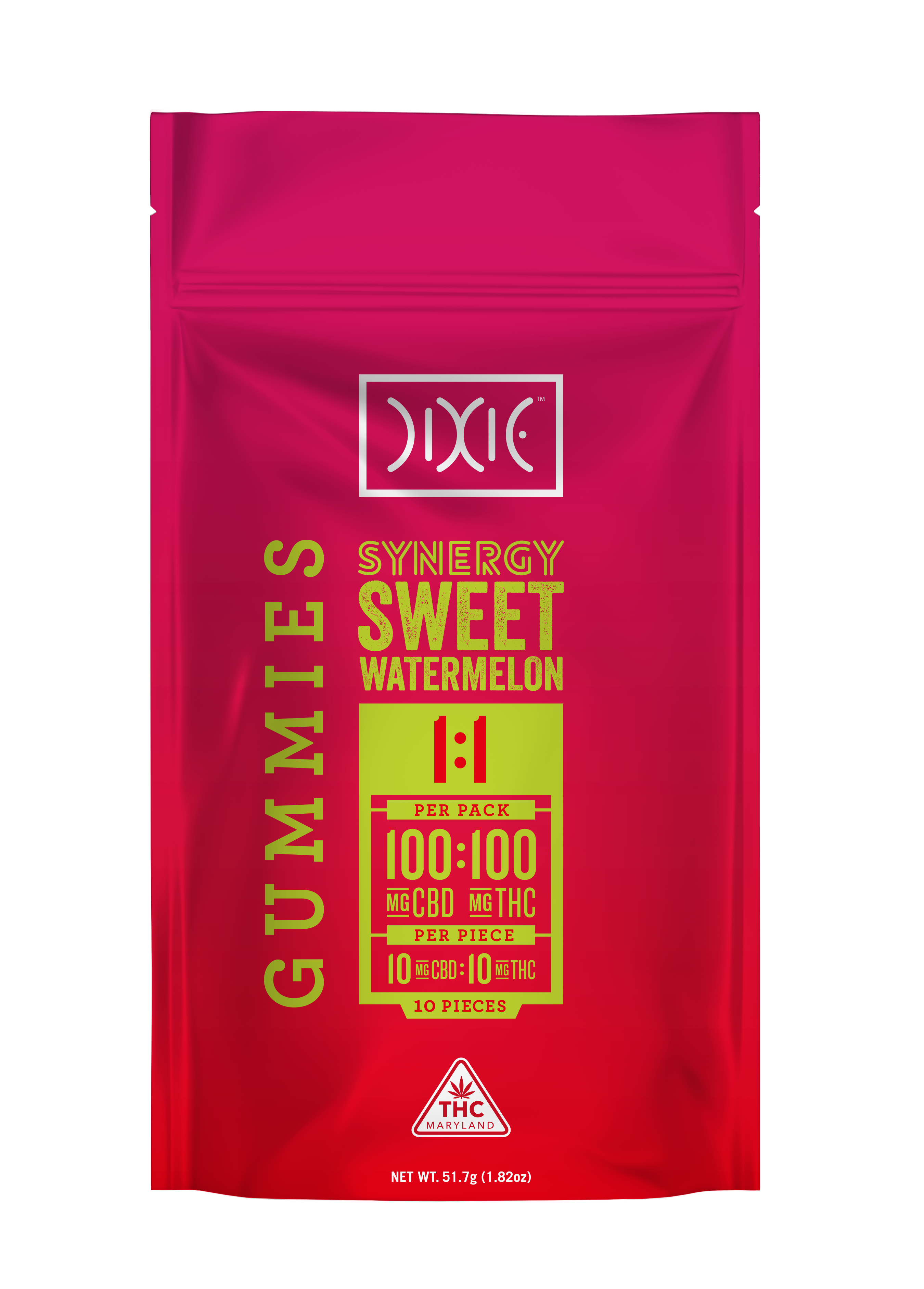 Photograph of product: Dixie 10mg 1:1 Synergy Sweet Melon Gummies - 100mg TH-oui:100mg CBD