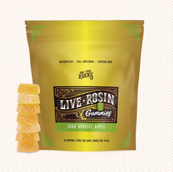 Photograph of product: On The Rocks Sour Apricot Apple (H) Live Rosin Gummies 10mg 10pk