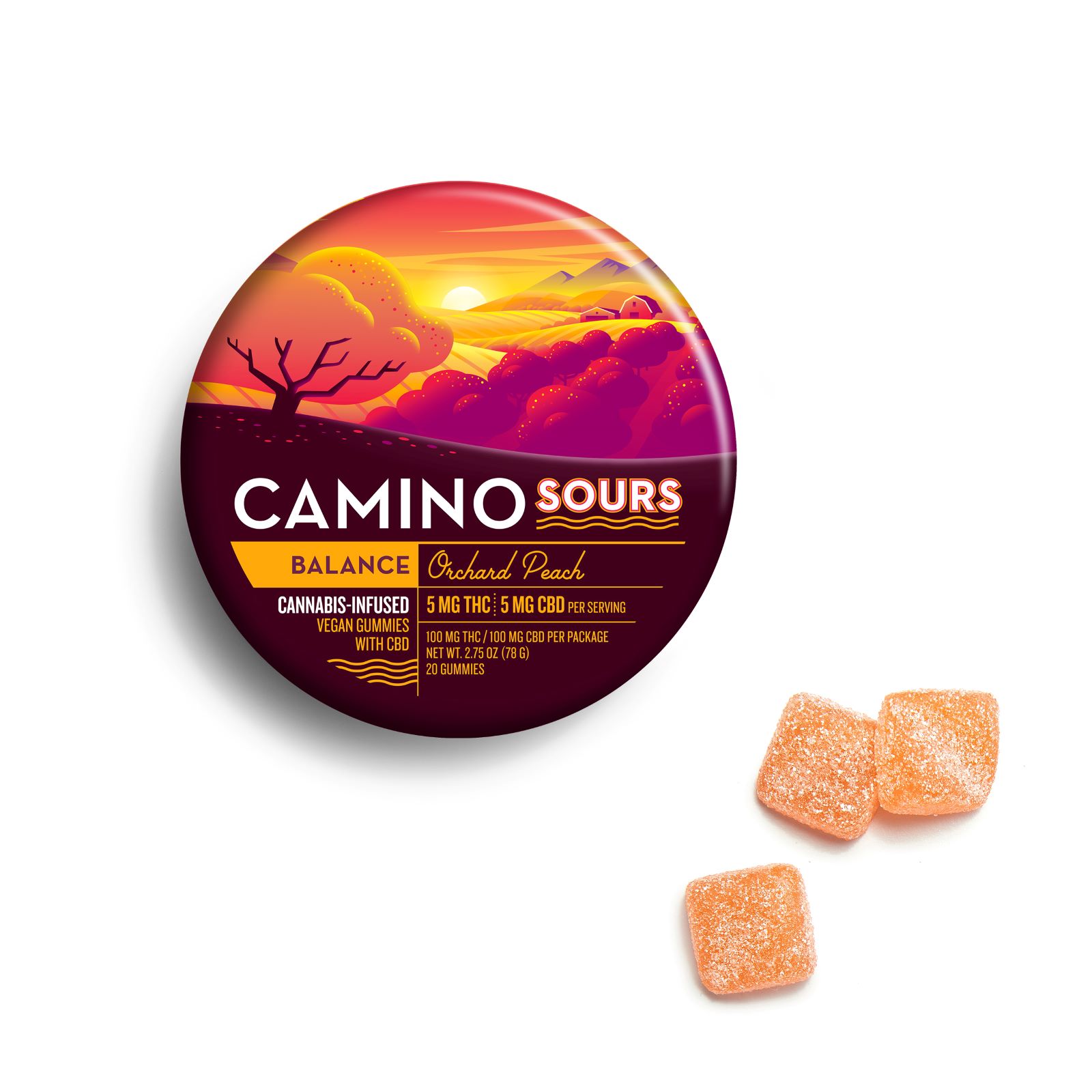 Photograph of product: 100mg 20pk Sours | 1:1 Orchard Peach | Camino