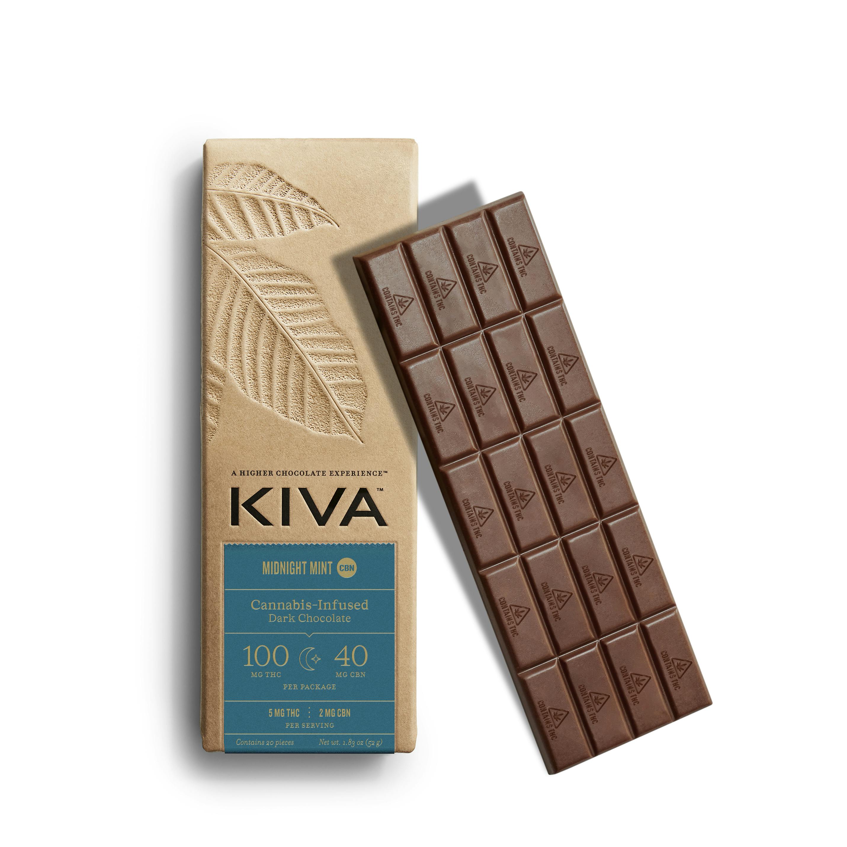 Photograph of product: Kiva 5:2 TH-oui:CBN Midnight Mint Dark Chocolate Bar (~140mg)