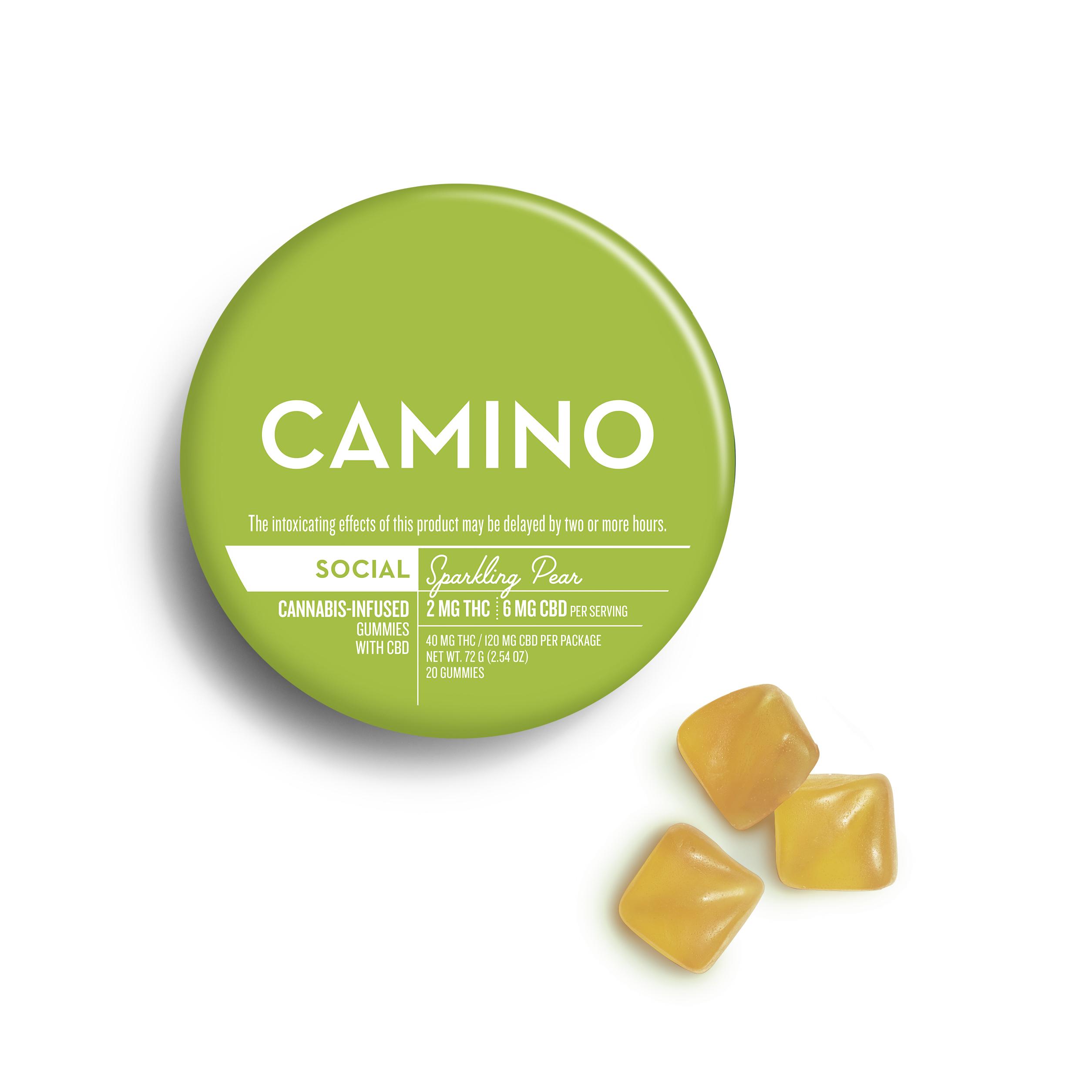 Photograph of product: Camino Gummies (Social) - Sparkling Pear - 40mg TH-oui / 120mg CBD 20pk