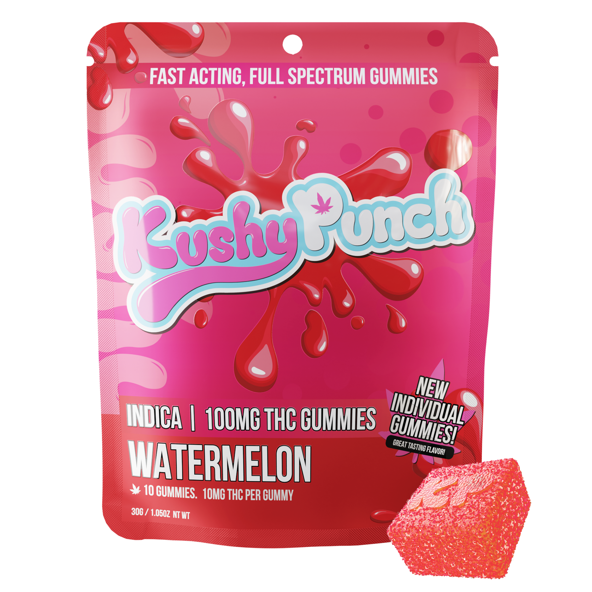 Photograph of product: Kushy Punch Watermelon Fast Acting/Full Spectrum Gummies 100MG  Oui'd 99.6%TH-oui