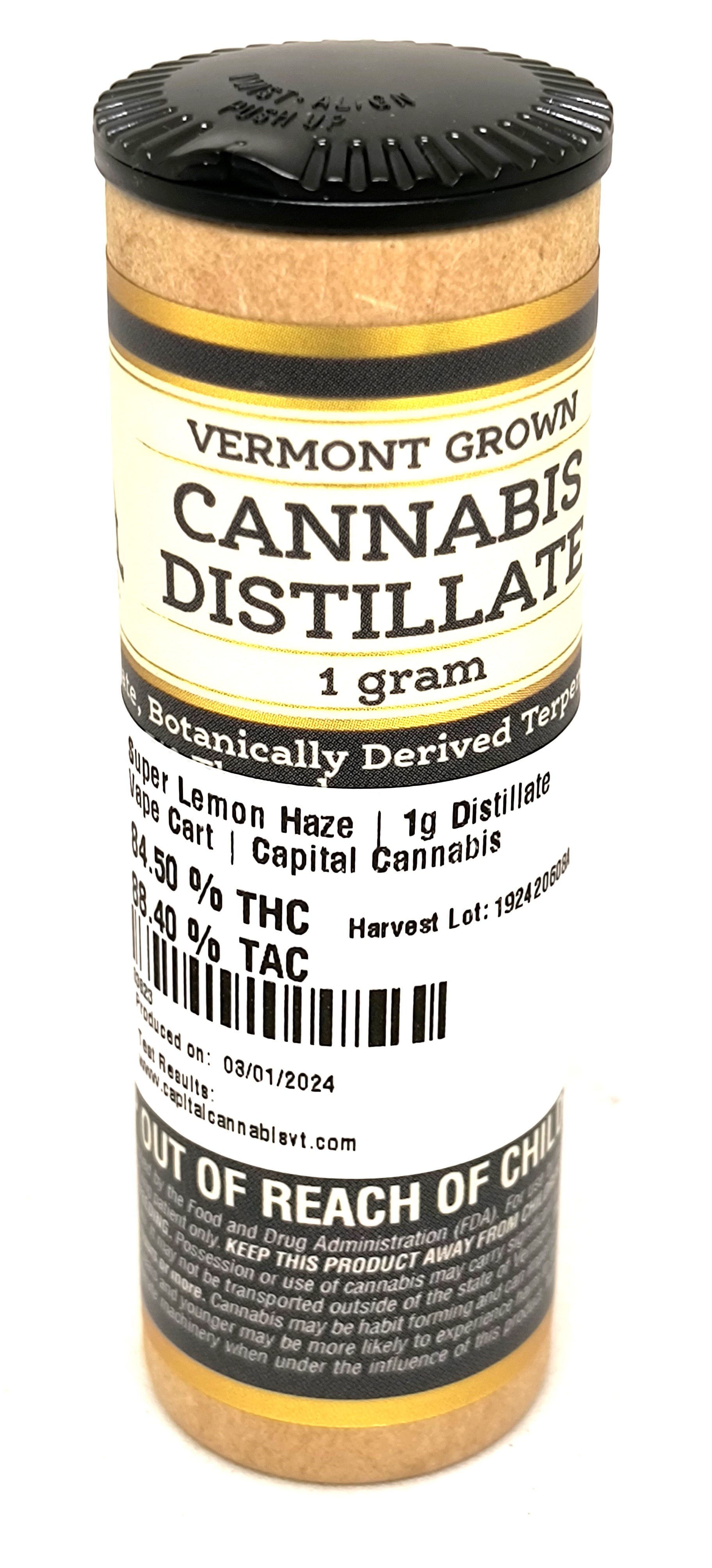 Photograph of product: Super Lemon Haze Distillate Vape Cart | Capital Oui'd