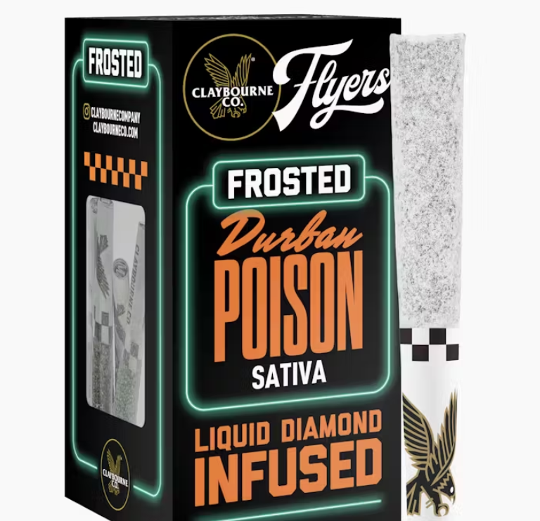 Photograph of product: DURBAN POISON FROSTED FLYERS LIQUID DIAMOND INFUSED PREROLLS 5 PACK 2.5G