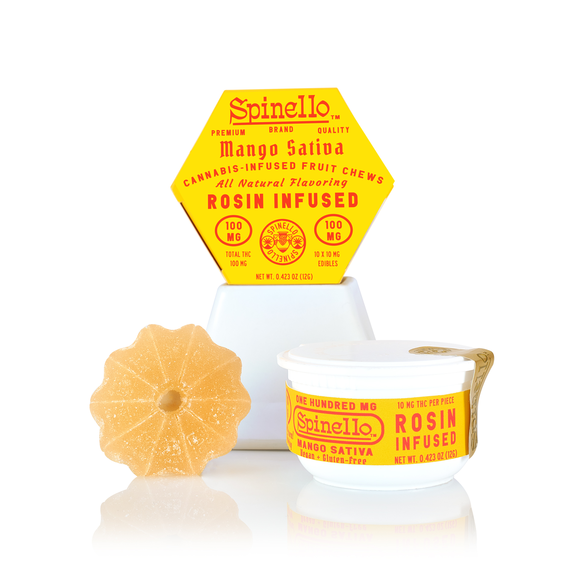 Photograph of Product: Spinello Mango Sativa 100mg THC Rosin Fruit Chews