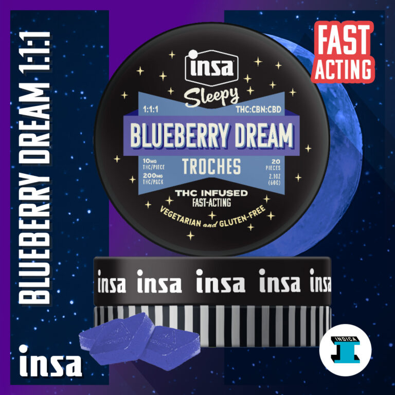Photograph of product: INSA Blueberry Dream 1:1:1 RSO Troches 10mg (20pk)