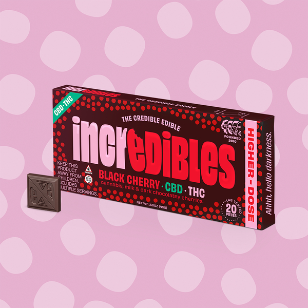 Photograph of product: 1:1 Black Cherry Bar + CBD | Chocolate | 20 pack | 100mg TH-oui / 100mg CBD