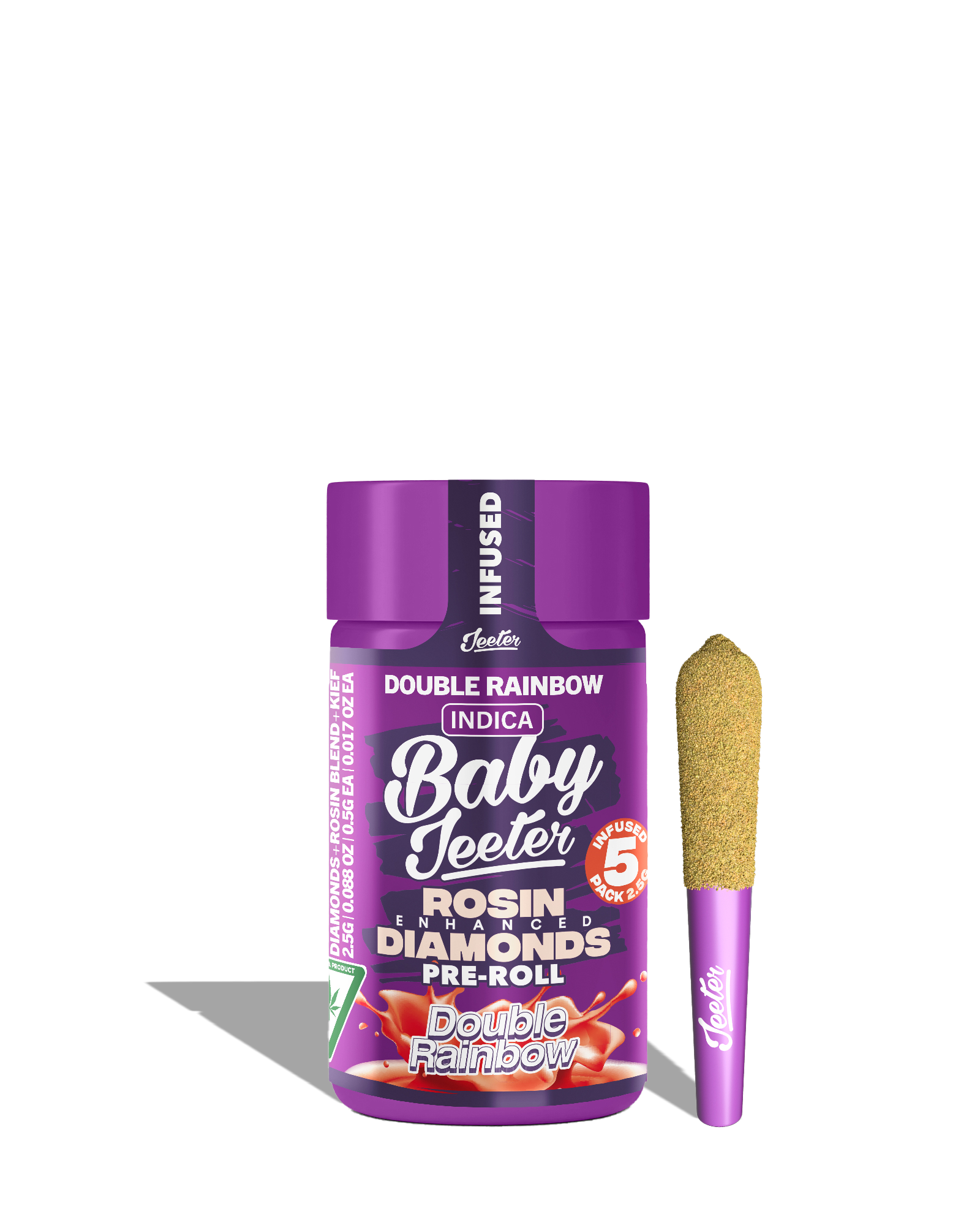 Photograph of product: Live Rosin Enhanced Baby Jeeter Double Rainbow Infused Preroll 5-pack