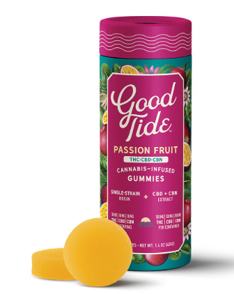 Photograph of product: Good Tide - Rosin Gummies - Passionfruit 1:1:1 TH-oui:CBD:CBN - 10ct (100mg)