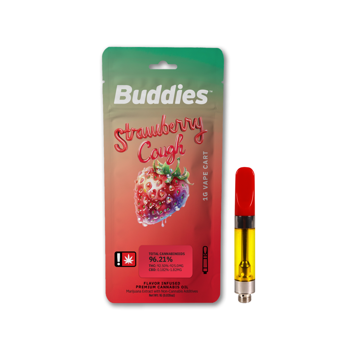 Photograph of product: Cartridge ~ Buddies ~ Flavored Distillate ~ Strawberry Cough ~ Green Leaf Special