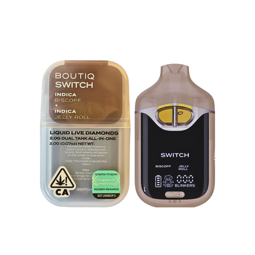 Photograph of product: Boutiq Switch | Biscoff (I) x (I) Jelly Roll | 1g Liquid Live Diamonds Dual Chamber All-in-One