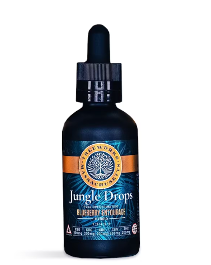 Photograph of product: Treeworks 1:1:1:1:1 Jungle Drops 200mg 60mL Tincture (TH-oui:CBD:CBC:CBG:CBN) -  Blueberry Entourage
