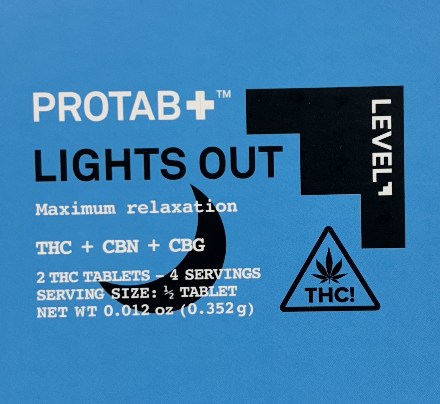 Photograph of product: LEVEL | PROTAB+ | Lights Out | 10mg TH-oui : 5mg CBN : 2mg CBG per 1/2 tablet | 2-pk