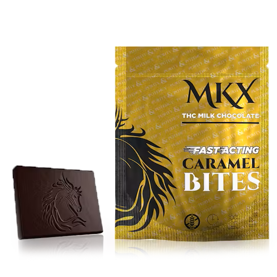 Photograph of product: MKX Fast-Acting Milk Chocolate Caramel Bites 200mg Rec