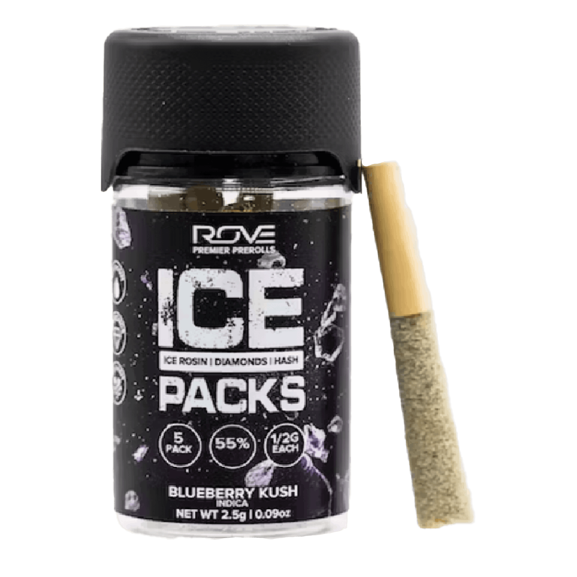 Photograph of product: (29929) ROVE Ice packs Blueberry Kush Infused Pre-rolls 3pk