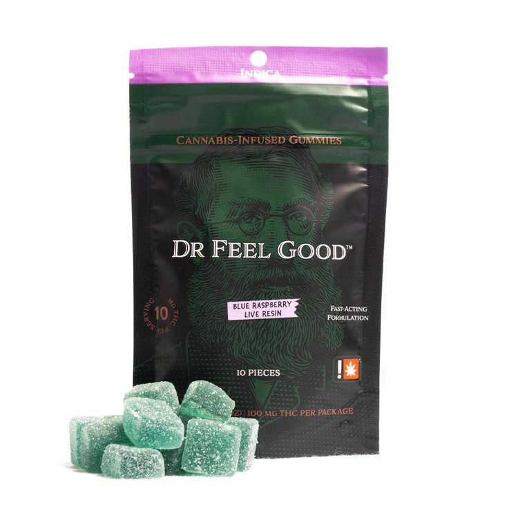 Photograph of product: Dr. Feel Good - BLUE RASPBERRY Oui'd - 10pc Live Resin Gummy - (100mg) - I