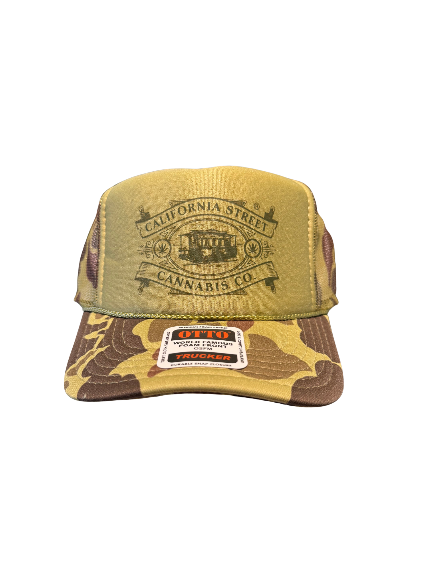 Photograph of product: California St Trucker Hats (Camo w/ Olive Logo)