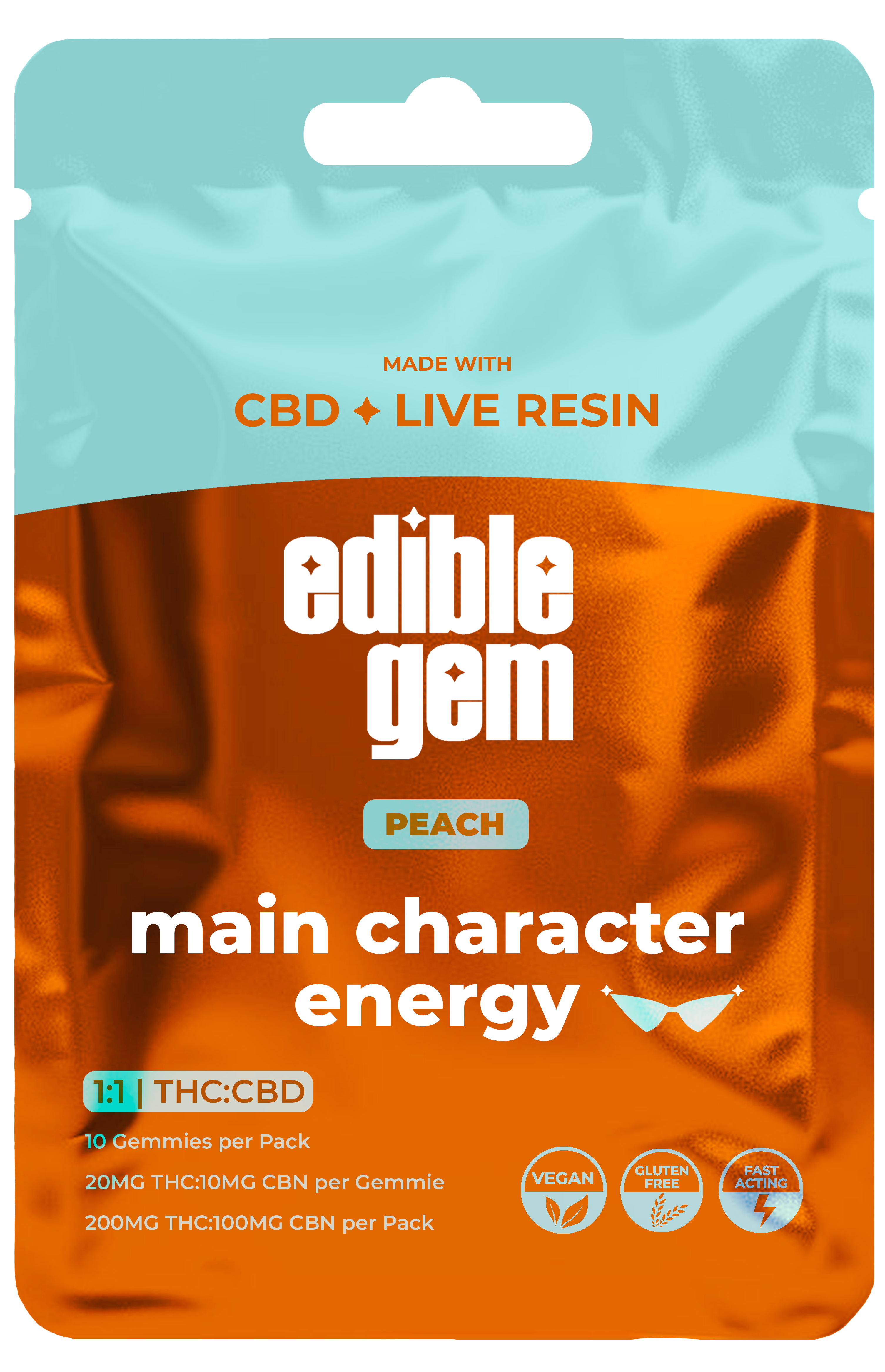 Photograph of Product: Edible Gems | Gummies | Peach | Main Character Energy 1:1 CBD | 200mg