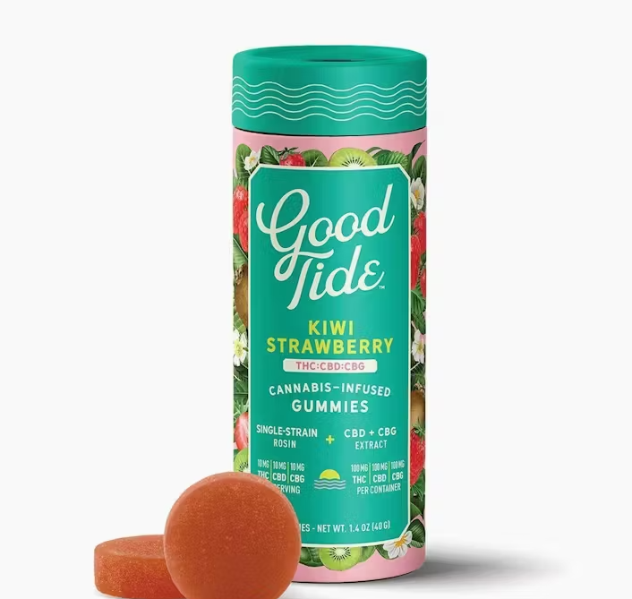 Photograph of product: Good Tide Kiwi Strawberry 1:1:1 THC:CBD:CBG Rosin Gummies 300mg