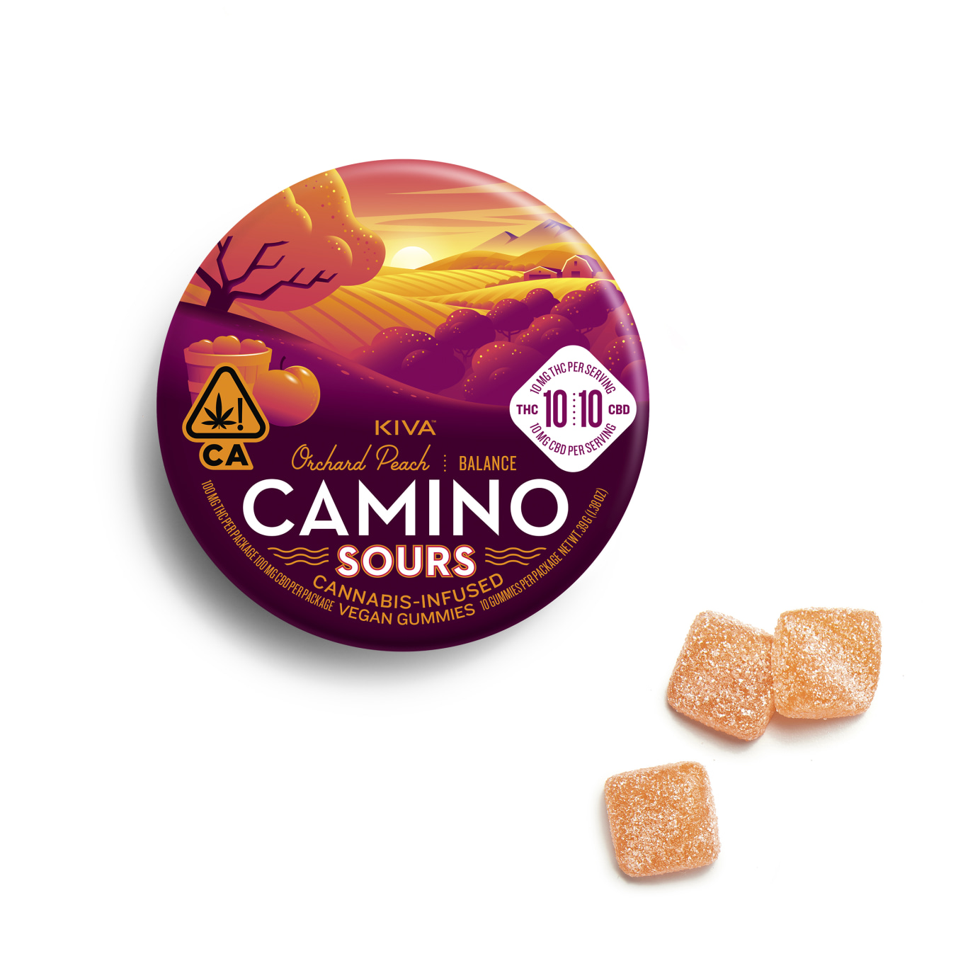 Photograph of product: Camino Sours - 100mg - 10ct Gummies - Orchard Peach 1:1 CBD:THC