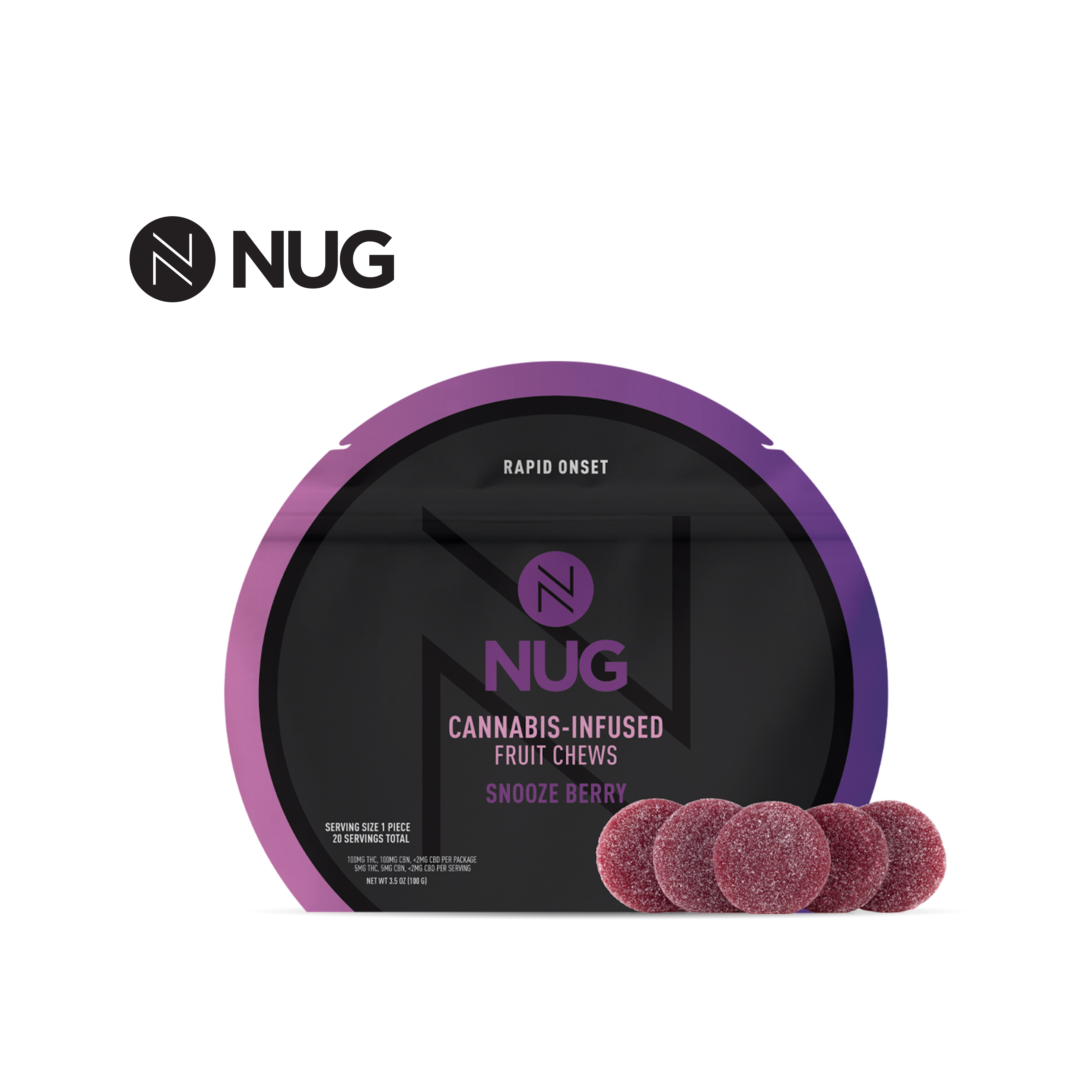 Photograph of product: 1:1 SNOOZE BERRY CBN:TH-oui 100MG 20 PACK NANO FRUIT CHEWS