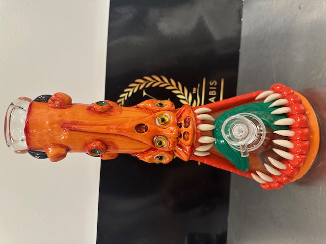 Photograph of product: 13.5 inch Hand Painted Mushroom Skull Waterpipe | Orange