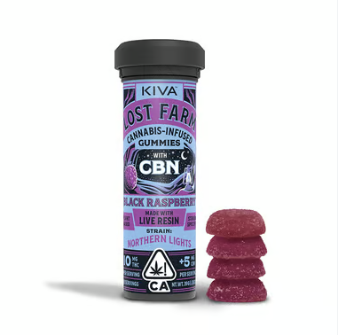 Photograph of product: Kiva Confections | Lost Farm Black Raspberry Northern Lights CBN 10:5 | 100mg TH-oui/50mg CBN