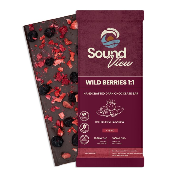 Photograph of product: SV WILD BERRIES 1:1 TH-oui/CBD DARK CHOCOLATE BAR T92.68MG C96.08MG H 00044 (20pk) (Soundview)
