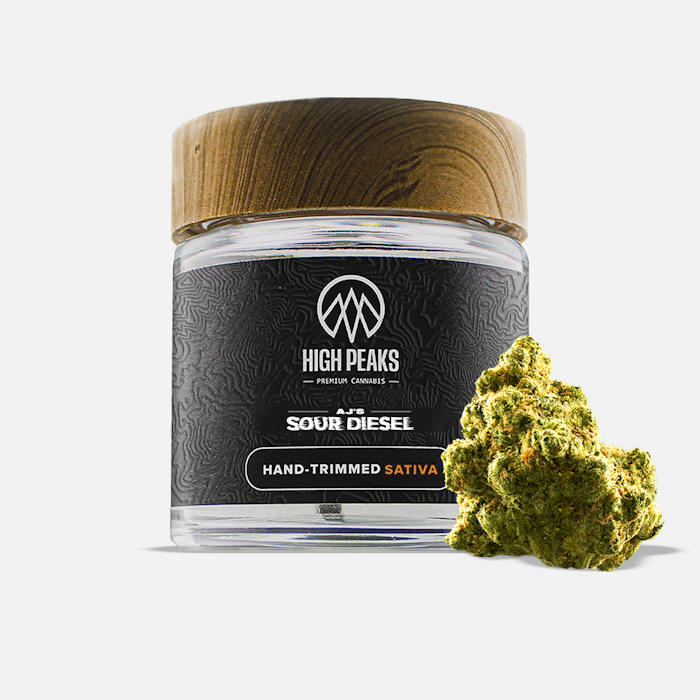 Photograph of product: High Peaks | AJ's | Sour Diesel | Hand Trimmed | Premium | Flower - 3.5g