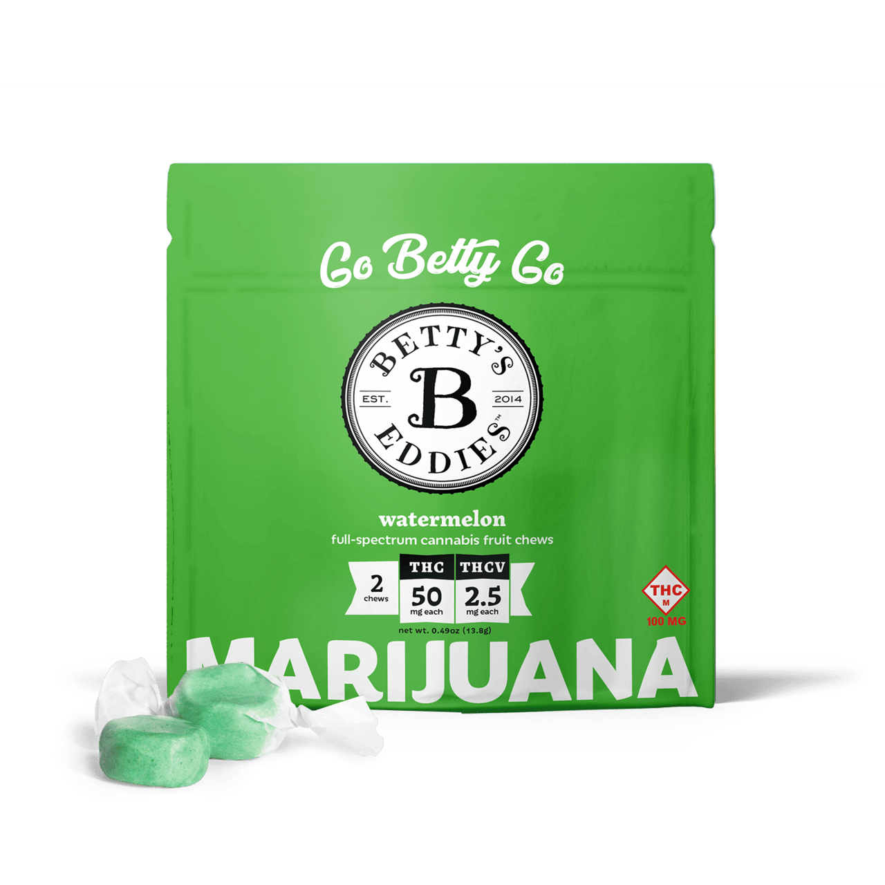 Photograph of product: BETTY'S EDDIES 100MG WATERMELON FRUIT CHEWS 2PK W/TH-ouiV