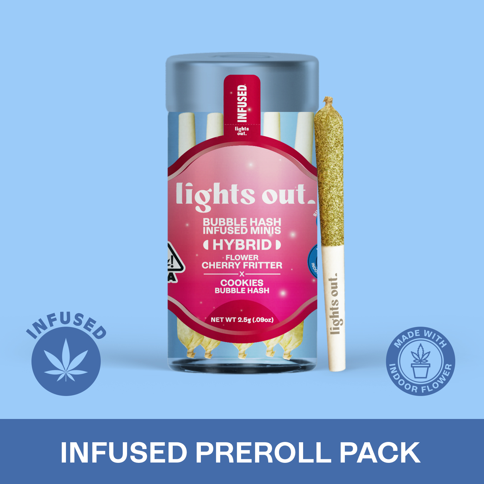Photograph of product: Lights Out - Cherry Fritter x Cookies (Hybrid) 5pk au chocolat Infused Preroll