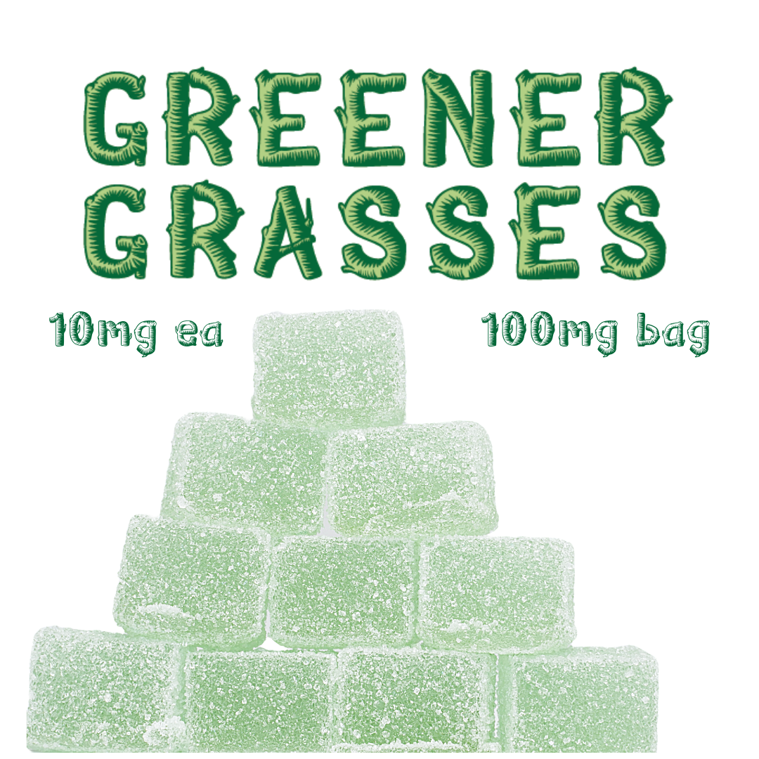 Photograph of product: Greener Grasses // 10mg | 100mg Peachy Pear Gummy Pack