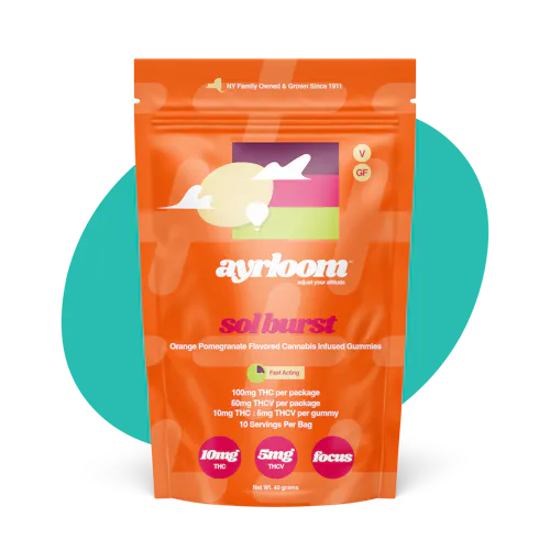 Photograph of product: Ayrloom UP 2:1 Sol Burst (Orange Pomegranate) Oui'd Infused Gummies 100mg TH-oui 50mg TH-ouiV 10mg/5mg per serving