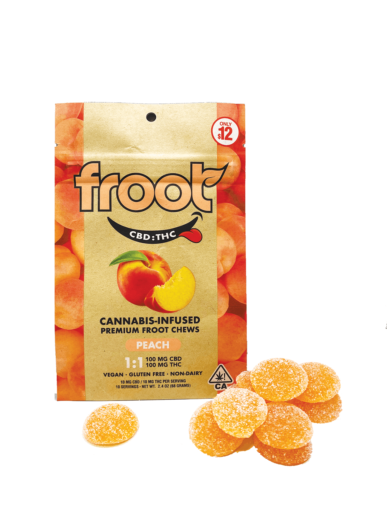 Photograph of product: Froot Peach 1:1 CBD:TH-oui Gummies 200mg