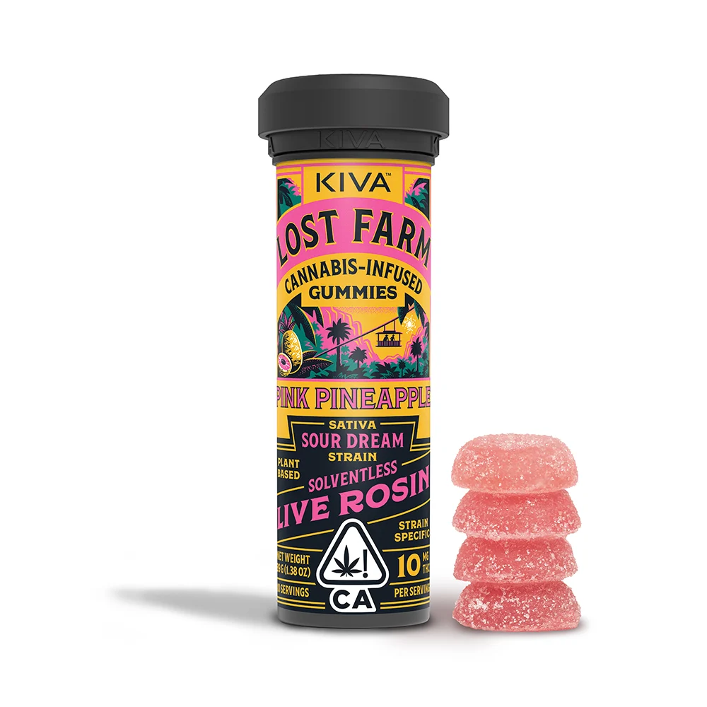Photograph of product: Lost Farm - Pink Pineapple Sour Dream - Live Rosin Gummies 100mg