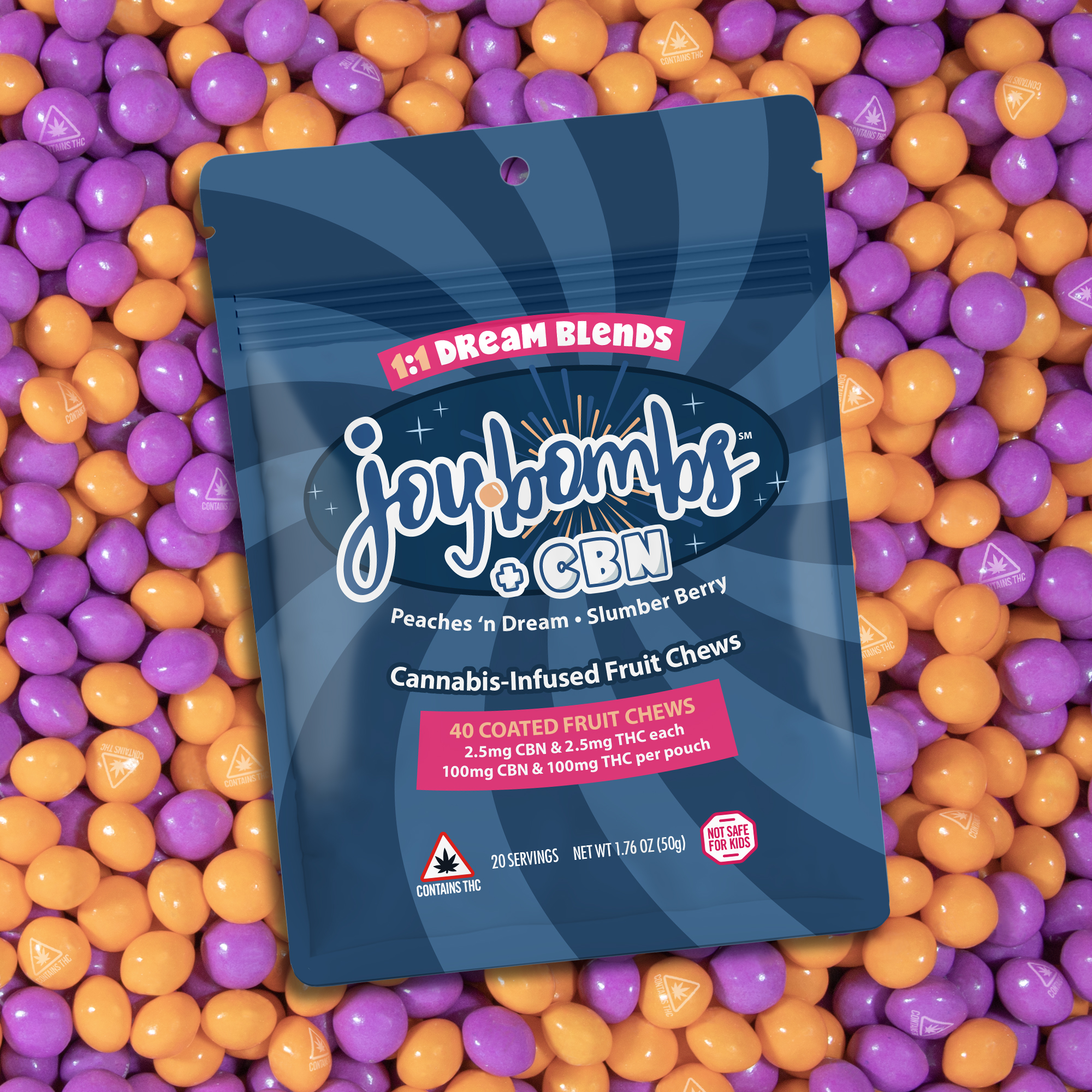 Photograph of product: Joy Bombs + CBN 1:1 Dream Blends - 100mg TH-oui (40pk / 2.5mg TH-oui & 2.5mg CBN ea)