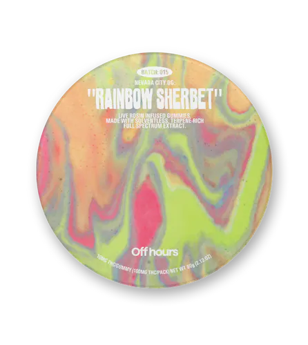 Photograph of product: Off Hours - Live Rosin NV City OG Rainbow Sherbet - 10pk 100mg Gummies