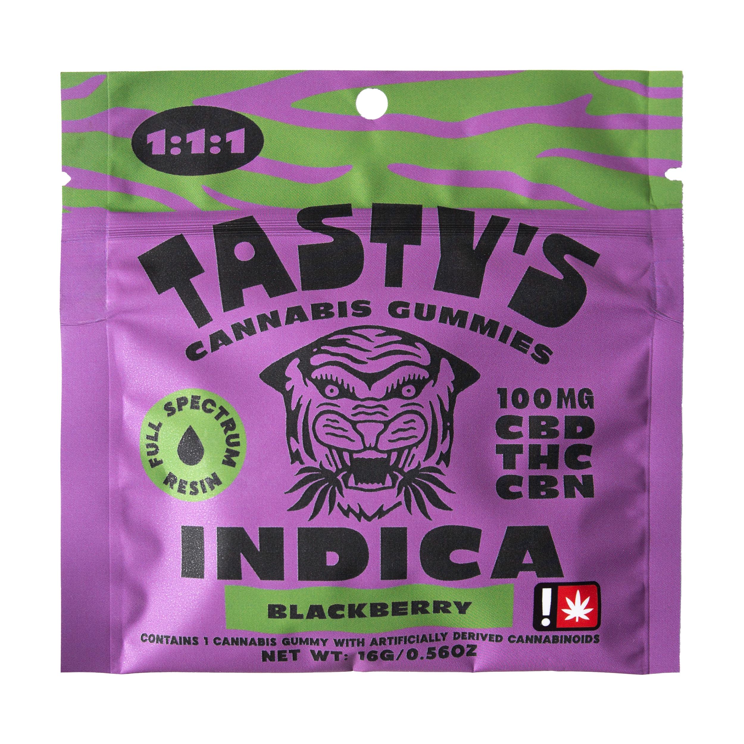 Photograph of product: Tasty's | 100mg Gummy | Blackberry 1:1:1