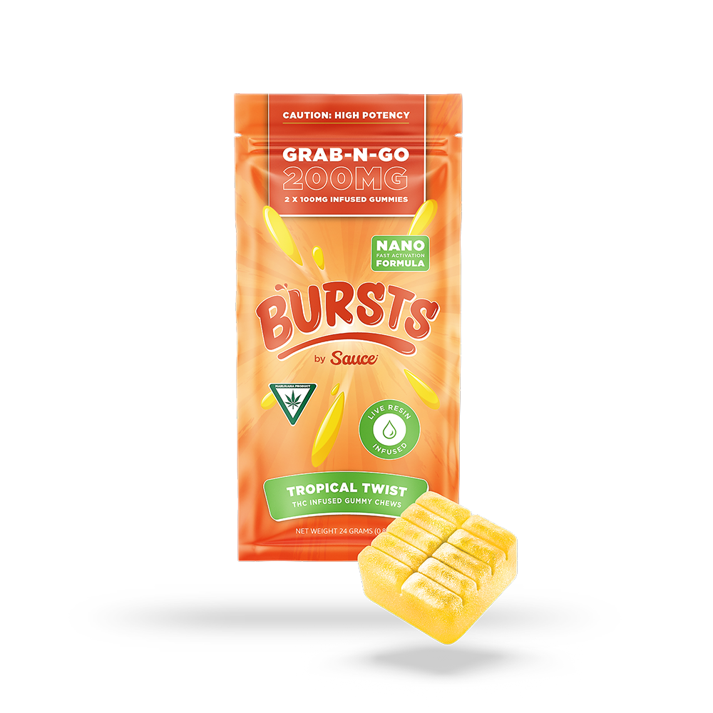 Photograph of product: Bursts by Sauce | Tropical Twist | 200mg Live-Resin Gummies | REC