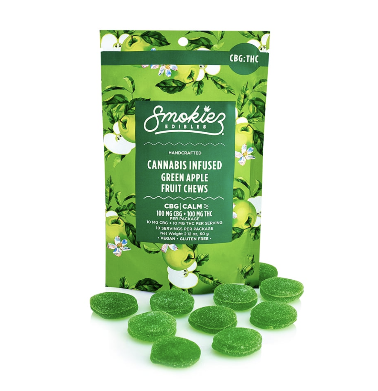 Photograph of product: Green Apple CBG:TH-oui Fruit Chews | Smokiez Edibles | 100mg CBG:100mg TH-oui
