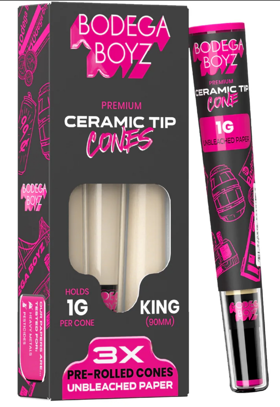 Photograph of product: Bodega Boyz | Premium Ceramic Tip King 1g Cone 3pk Unrefined Paper