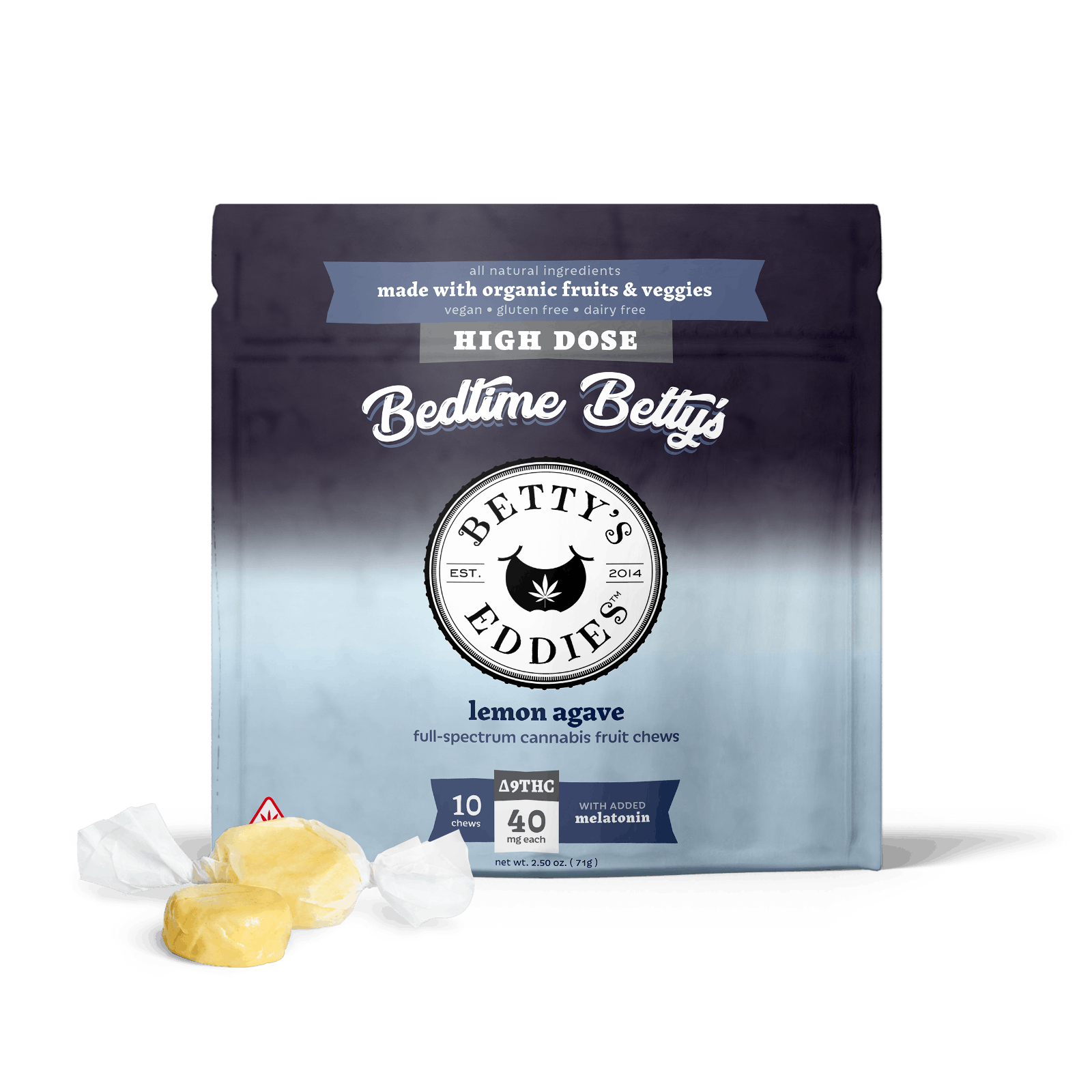 Photograph of product: Lemon Agave (High Dose w Melatonin) | 25mg | 2pk Fruit Chews | Betty's Eddies